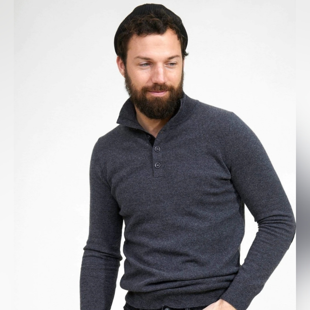 State Cashmere Mock-Neck Quarter Button Polo Sweater L
